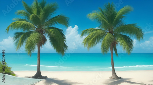 Two palms are on a beach the ocean in the style of serene oceanic vistas by Generative AI photo