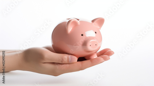A rosy-hued piggy bank positioned on a pristine white background, accompanied by a human hand releasing coins into it. This imagery embodies the notion of a pig-shaped container de 