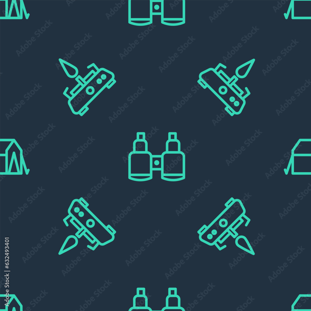 Obraz premium Set line Binoculars, Camping gas stove and Tourist tent on seamless pattern. Vector