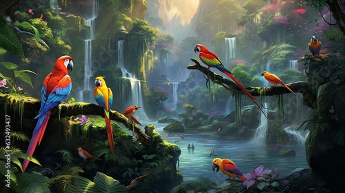 a group of colorful birds in a glass tank © KWY