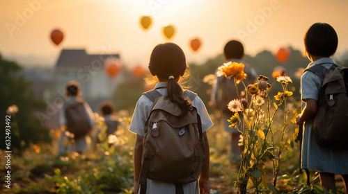 The morning arrives with gentle September light, marking the joyful years of children returning to school. Kids in bright backpacks and fresh uniforms smile, carrying flowers for photo