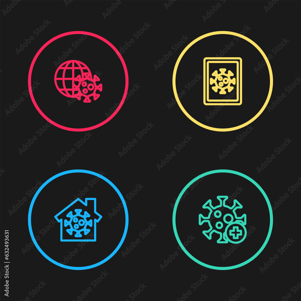 Set line Stay home, Positive virus, Virus statistics on monitor and Earth globe with icon. Vector Set line Stay home, Positive virus, Virus statistics on monitor and Earth globe with icon. Vector