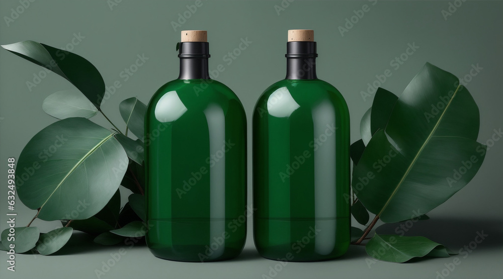 Two green bottles laying on eucalyptus leaves in the style of industrial by Generative AI Two green bottles laying on eucalyptus leaves in the style of industrial by Generative AI