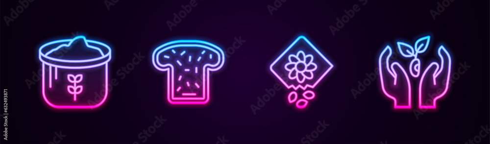 Set line Bag of flour, Bread toast, Pack full seeds plant and Plant in hand. Glowing neon icon. Vector Set line Bag of flour, Bread toast, Pack full seeds plant and Plant in hand. Glowing neon icon. Vector