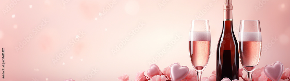 Warm wishes banner or heartfelt Valentine's Day card. Champagne bottle, wine flutes, and a romantic duo against a soft pink backdrop.  - obrazy, fototapety, plakaty 