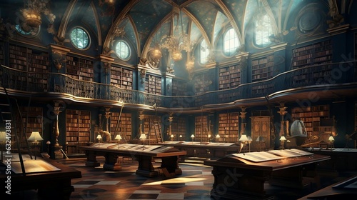 a library with a large ceiling