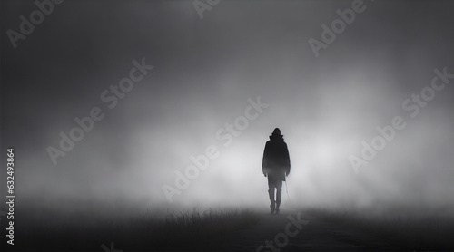 Fotografia Dark silhouette standing in fog walking alone outdoors by Generative AI