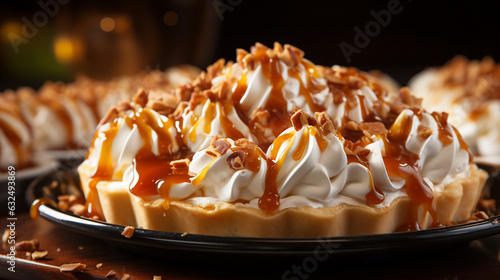 A backdrop of luscious meringue-topped apple pie; up-close view showcasing delectable cream pies adorned with glistening droplets of golden apple caramel syrup. This pastry-themed 