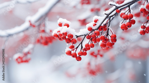 An abstract and softly focused winter backdrop: a wintery scene of red berry branches amidst a snowfall Generative AI