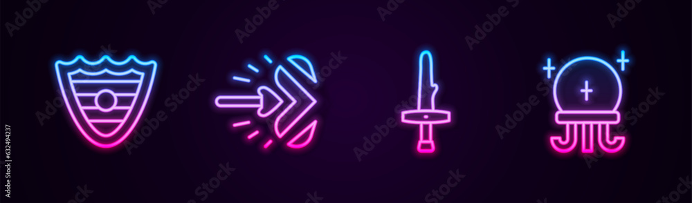 Set line Shield, Magic arrow, Dagger and ball. Glowing neon icon. Vector