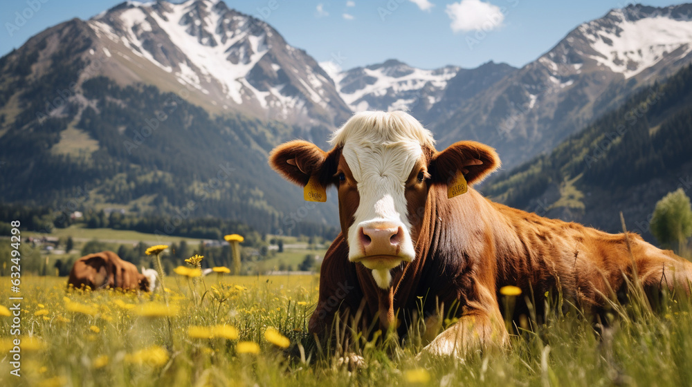 An artistic portrayal of a cow peacefully grazing in a meadow nestled within the mountains. Generative AI An artistic portrayal of a cow peacefully grazing in a meadow nestled within the mountains. Generative AI