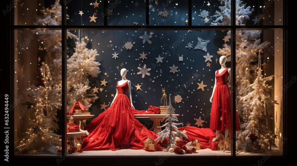 A window extravaganza featuring a red carpet runway, glitzy chandeliers, and elegant mannequins adorned in festive attire, capturing the allure of exclusive holiday deals. Generative AI