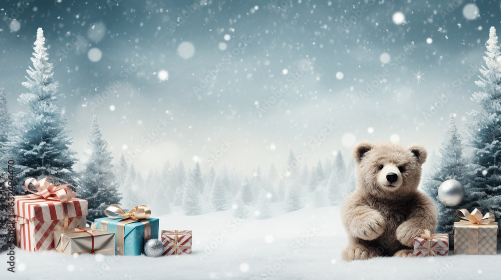 A backdrop for a Christmas banner; featuring a Christmas tree, an adorable teddy bear, and a wrapped gift box on a snowy setting. Generative AI A backdrop for a Christmas banner; featuring a Christmas tree, an adorable teddy bear, and a wrapped gift box on a snowy setting. Generative AI