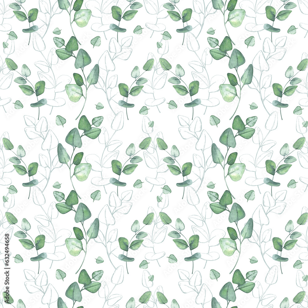 Eucalyptus seamless pattern. Branches of greenery. Botanical watercolor illustration for packaging design, wallpapers, pottery, covers