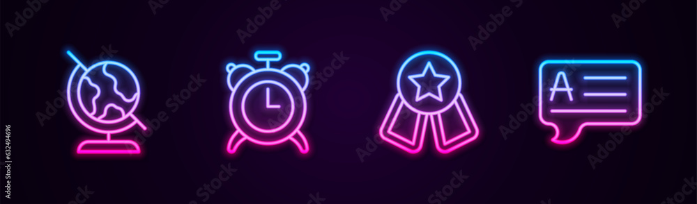 Set line Earth globe, Alarm clock, Medal with star and Speech bubbles Answer. Glowing neon icon. Vector Set line Earth globe, Alarm clock, Medal with star and Speech bubbles Answer. Glowing neon icon. Vector