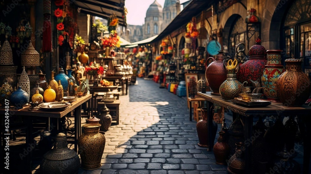 a street is filled with vases