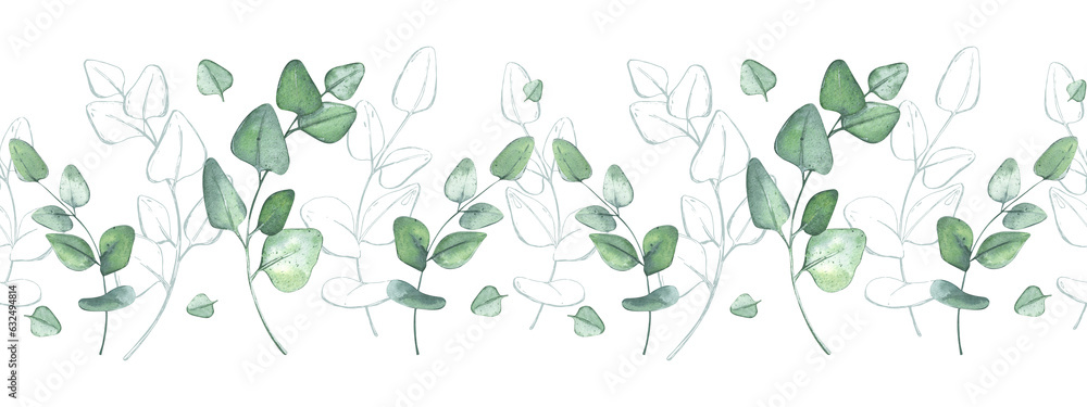 Obraz premium Eucalyptus. Seamless pattern border. Branches of greenery. Botanical watercolor illustration for packaging design, wallpapers, ceramics, textiles