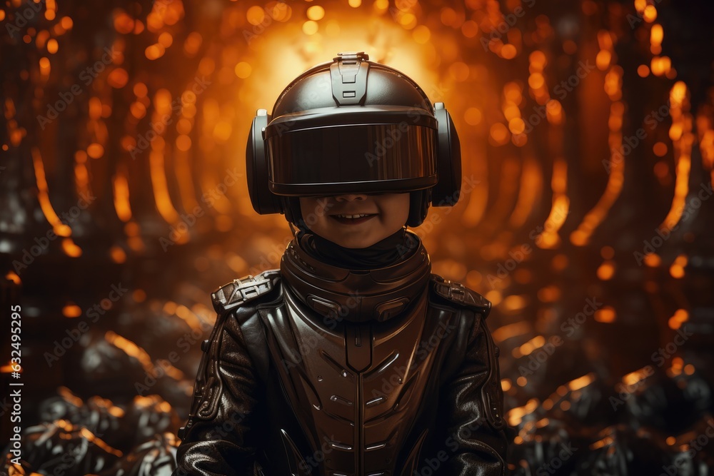 Boy wearing virtual reality headset and in halloween costumes. VR goggles. Generative AI Boy wearing virtual reality headset and in halloween costumes. VR goggles. Generative AI
