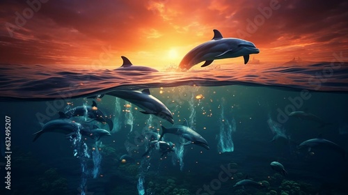 a group of dolphins swimming in water