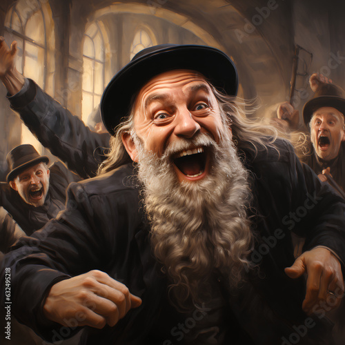 Jewish Hasidim dance in a circle with the Rebbe photo