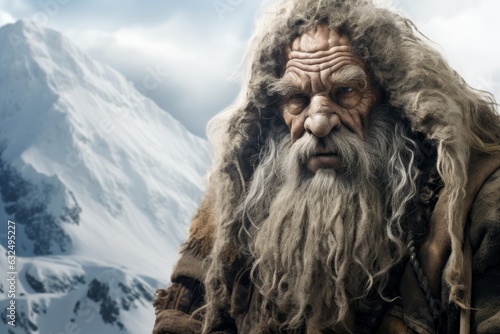 Fantasy style old orc hermit in snowy mountain. Beautiful illustration picture. Generative AI