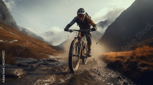 Print op canvas a man riding a bike on a dirt road in the mountains