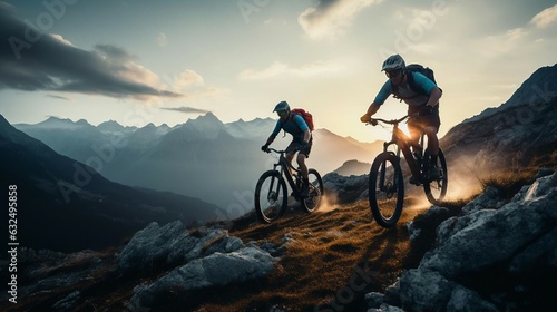 two people riding bikes on a mountain