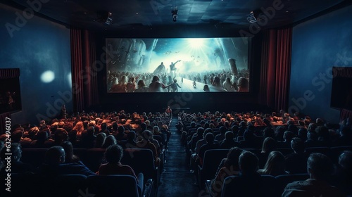 a group of people sitting in a room with a stage and a large screen