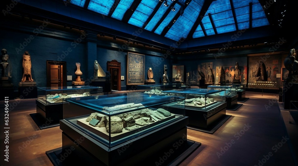 a museum with a large display of statues and a large glass wall - obrazy, fototapety, plakaty 