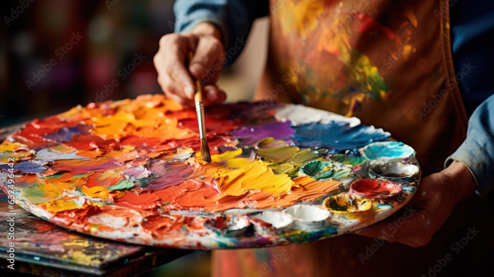 © britaseifert - An artist holds a palette in his hands. Artist's studio. Generative AI © britaseifert - An artist holds a palette in his hands. Artist's studio. Generative AI