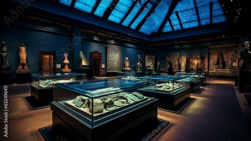 a museum with a large display of statues and a large glass wall