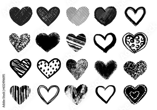 Black grunge hearts icons. Collection set of hand drawn scribble hearts isolated. Hand drawn graffiti, rough marker hearts isolated on white background.