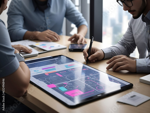 Close up UX developer and UI designer use augmented reality brainstorming about mobile app interface wireframe design on desk at modern office. Creative digital development agency
