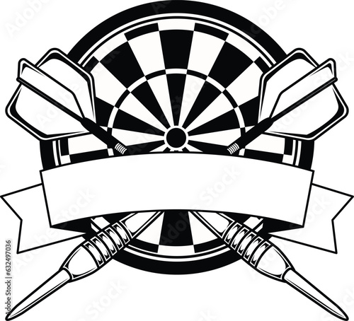 Darts sport emblem, logo with crossed arrows and banner. Monogram Vector illustration. Black and white team or sport club emblem design