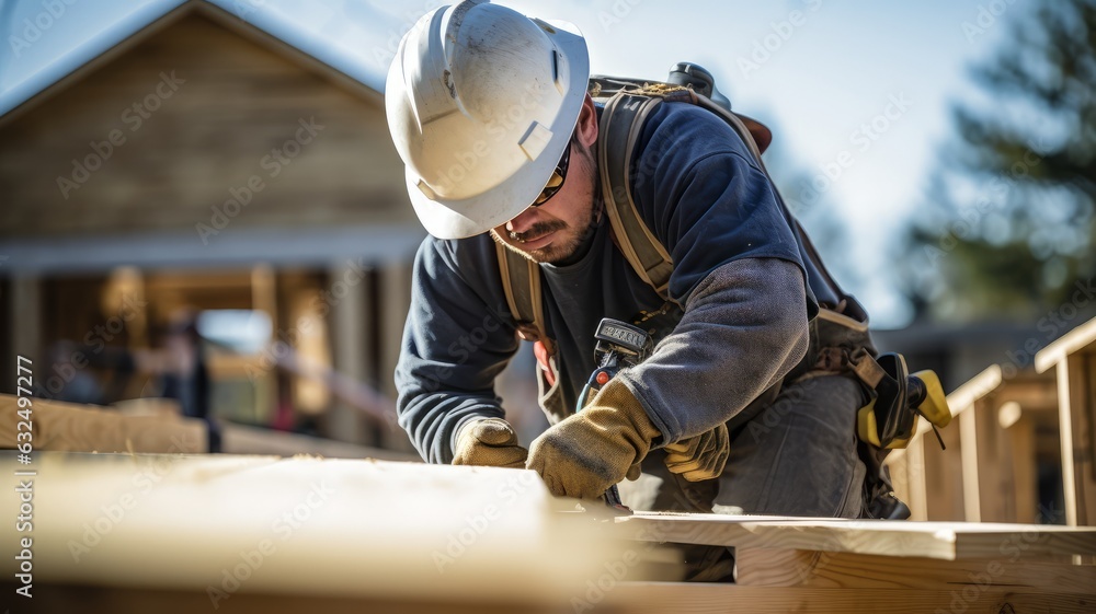 The carpenter working with wood on the site The carpenter working with wood on the site
