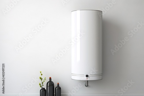 Obraz na płótnie Wall in the bathroom with a mounted electric water heater. Electric boiler - heating and hot water supply. w salonie