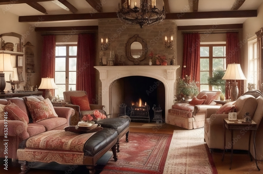 Fototapeta premium Luxurious open floor cabin interior design with roaring fireplace and winter scenic background
