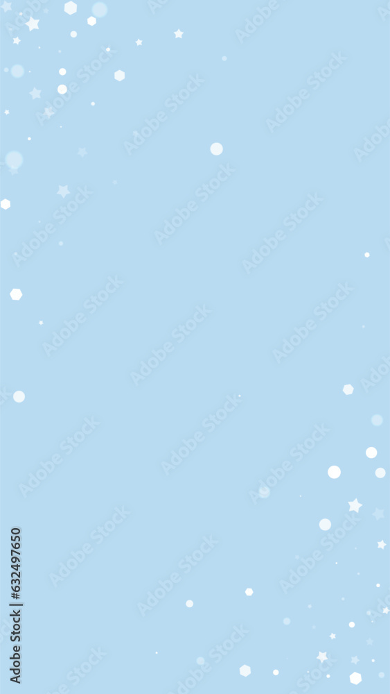 Snowfall overlay christmas background. Subtle flying snow flakes and stars on light blue winter backdrop. Festive snowfall overlay. Vertical vector illustration. Snowfall overlay christmas background. Subtle flying snow flakes and stars on light blue winter backdrop. Festive snowfall overlay. Vertical vector illustration.
