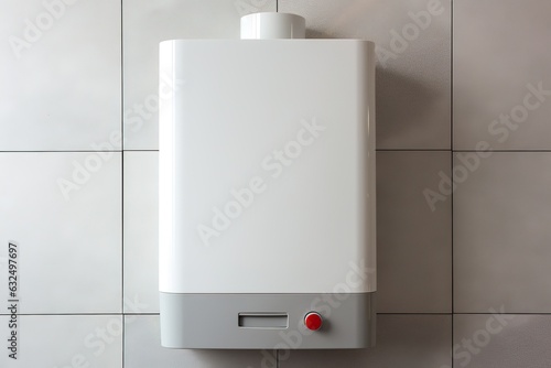 Obraz na płótnie Wall in the bathroom with a mounted gas water heater. Gas boiler - heating and hot water supply w salonie
