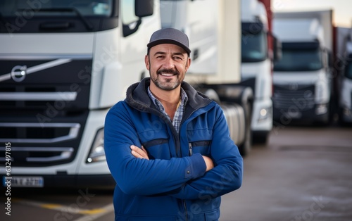 Happy and smiling truck driver portrait in front of trucks