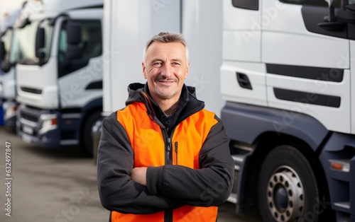 Happy and smiling truck driver portrait in front of trucks