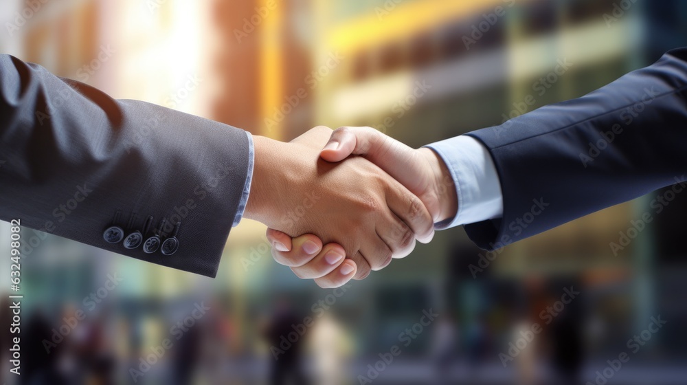 Two real businessman are shaking hands with office background. Generative AI