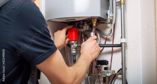 Hydraulic mechanic installer repairs an electric water heater in a house