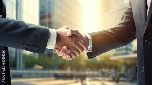Two real businessman are shaking hands with office background. Generative AI