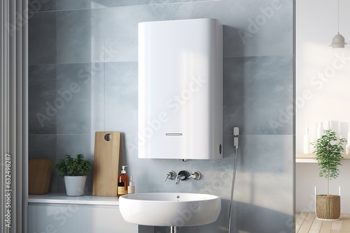 Wall in the bathroom with a mounted gas water heater. Gas boiler - heating and hot water supply