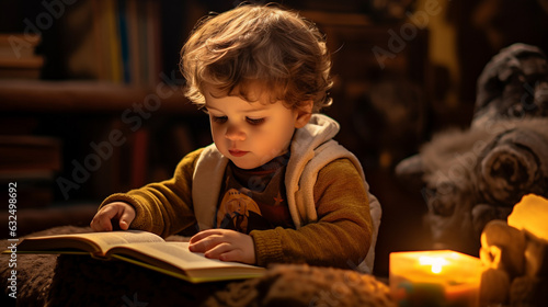 A Toddler reading a book in a library, engaged in learning activities