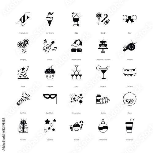 Party icons set vector stock illustration. such as party cap, calibration, events, birthday party, bbq party icons.