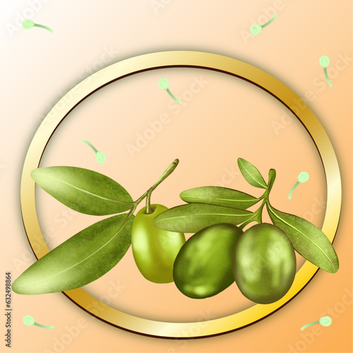 Green olives in a golden frame on an orange background. Banner design.
