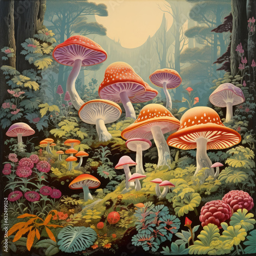 Bright colorful fantastic mushrooms in a forest clearing. Fantasy. © ShaviReaper