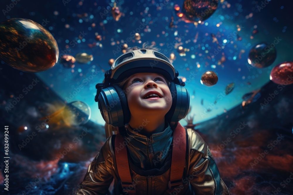 A boy wearing VR headset user, surreal world and virtual reality, colorful flowers fields. Generative AI A boy wearing VR headset user, surreal world and virtual reality, colorful flowers fields. Generative AI